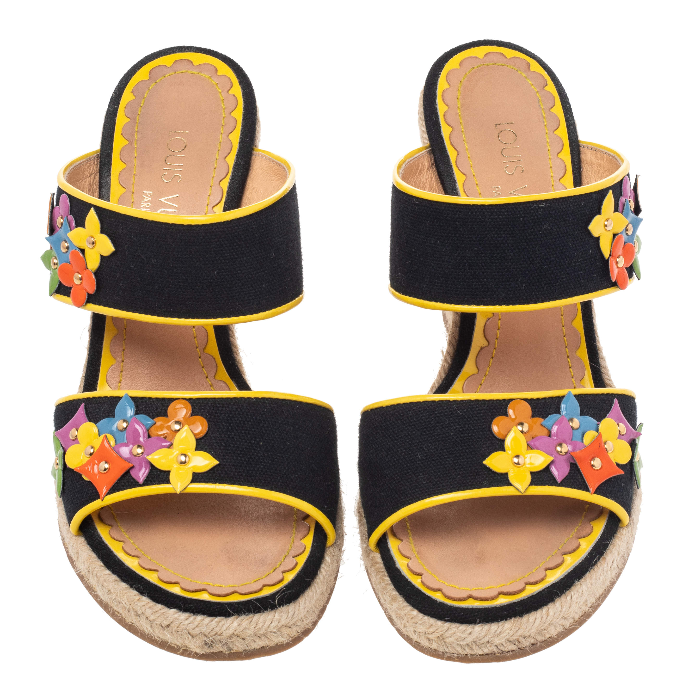 Louis Vuitton Black/Yellow Canvas And Patent Leather Trim Flowers Wedge  Espadrilles Sandals Size 37.5