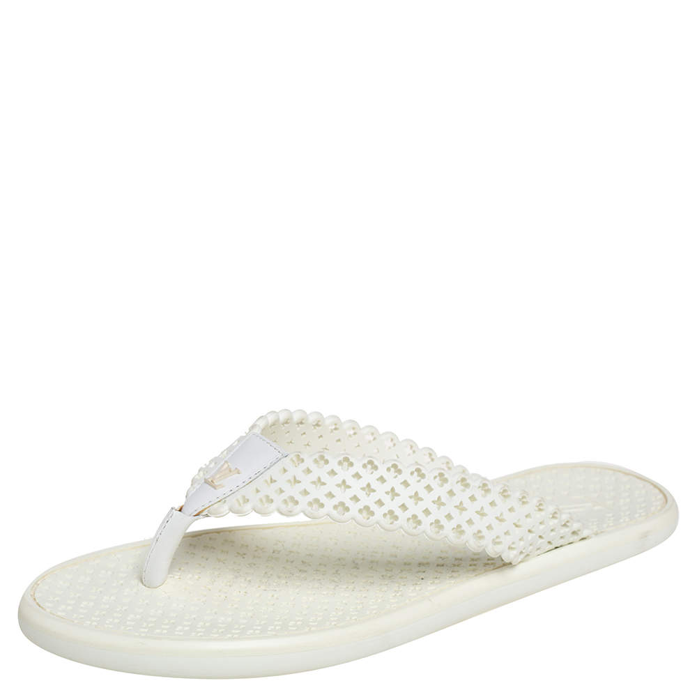 Pre Owned Louis Vuitton White Perforated Rubber Tattoo Thong Sandals Size 38