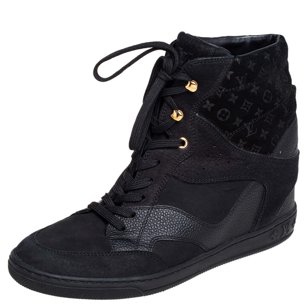 Pre Owned Louis Vuitton Black Monogram Suede and Leather Cliff Top Lace Up Sneakers Size 40