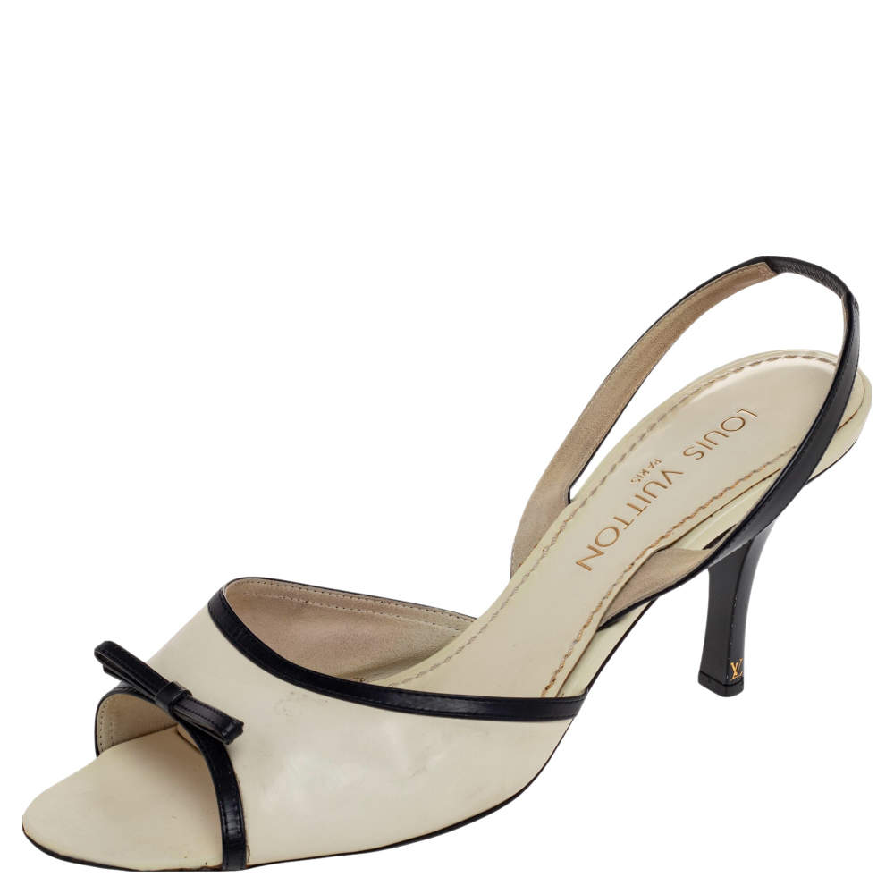 Pre Owned Louis Vuitton White/Black Leather Slingback Sandals Size 39