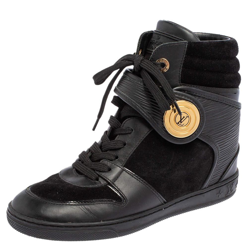 Louis Vuitton Black Epi Leather and Suede Wedge Sneakers Size 37