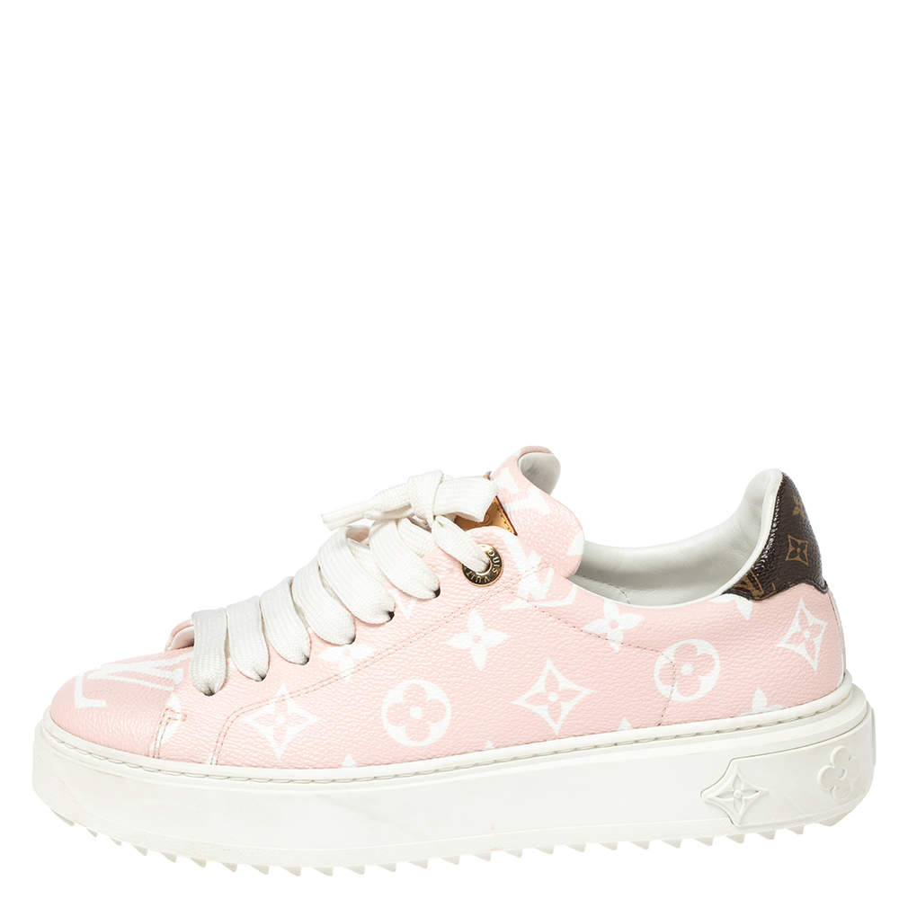 LOUIS VUITTON Monogram Embossed Calfskin Damier Azur Time Out Sneakers 37  Rose Clair Pink 1240303