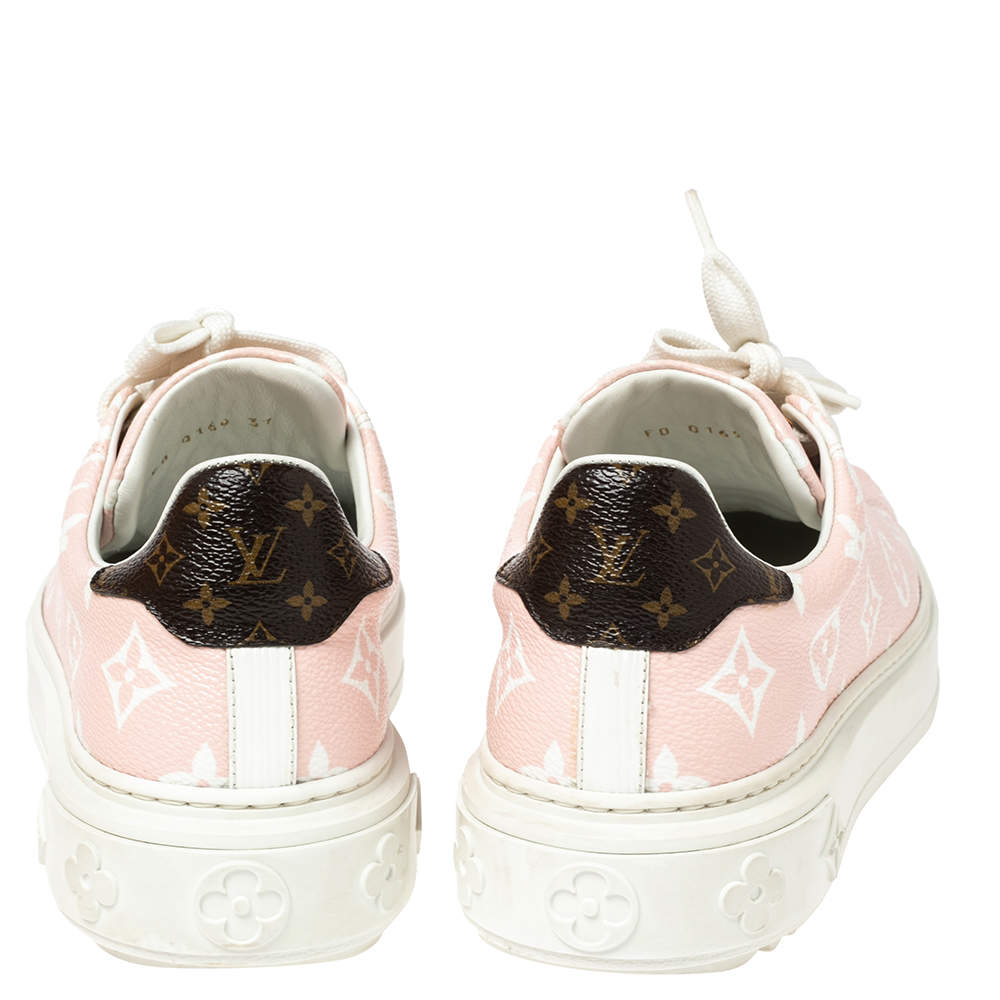LOUIS VUITTON Monogram Embossed Calfskin Damier Azur Time Out Sneakers 37  Rose Clair Pink 1240303