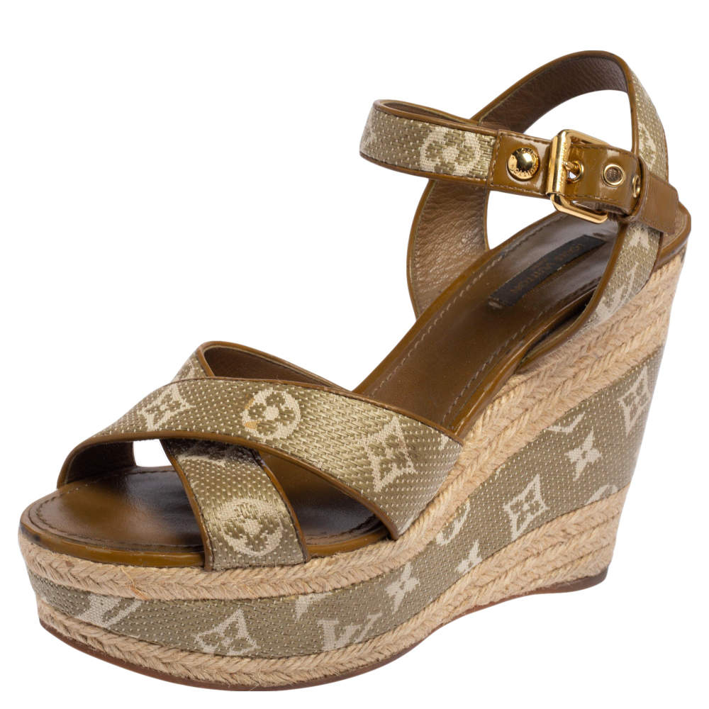 Pre Owned Louis Vuitton Green Canvas Crisscross Slingback Sandals Size 40