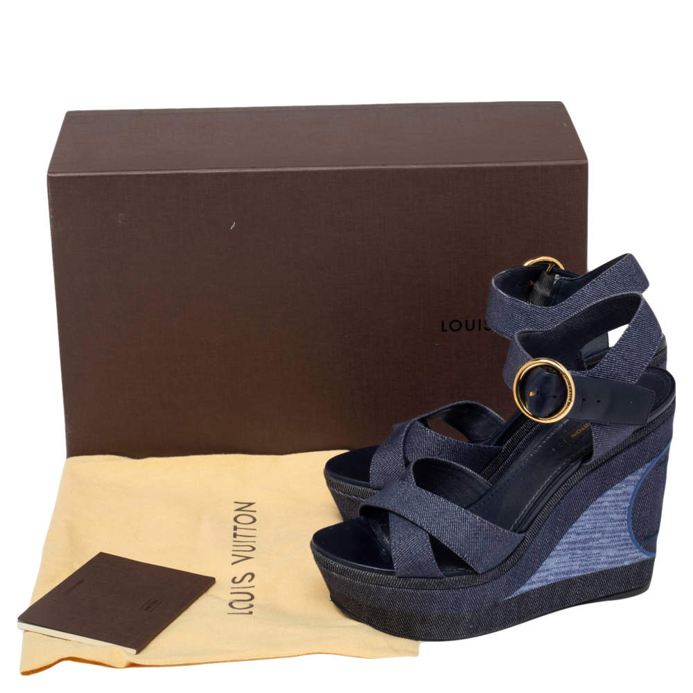Louis Vuitton Blue Denim And Leather Ocean Criss Cross Wedge Sandals Size  39 Louis Vuitton | The Luxury Closet