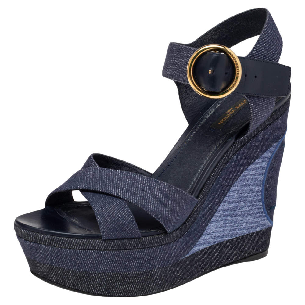 Louis Vuitton Blue Denim And Leather Ocean Criss Cross Wedge Sandals Size  39 Louis Vuitton | The Luxury Closet