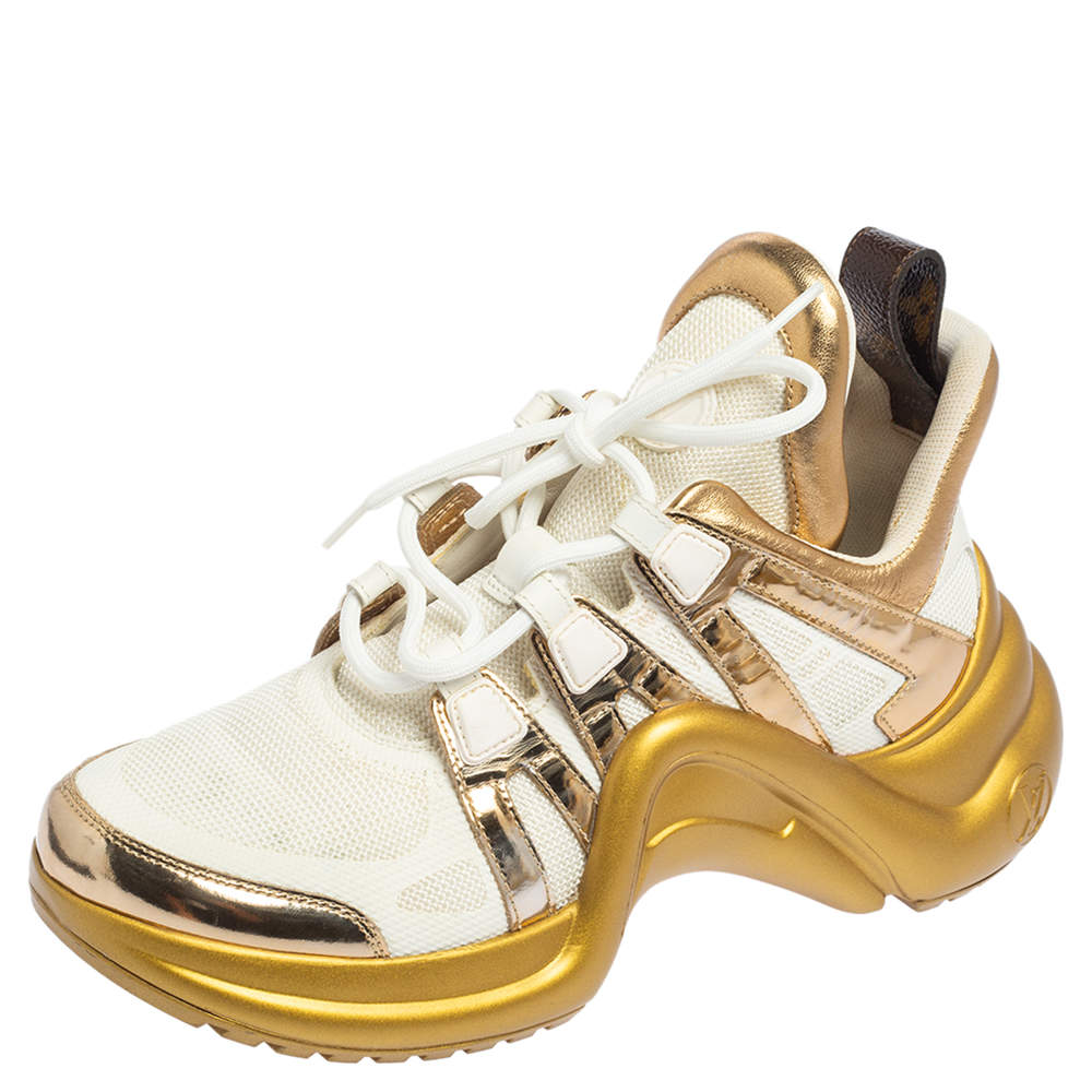 Louis Vuitton Metallic Gold/White Mesh and Leather LV Archlight Sneakers  Size 38