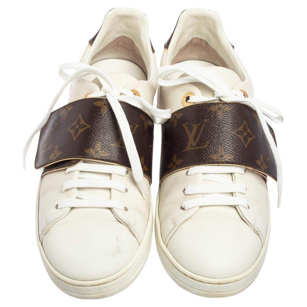 LOUIS VUITTON Calfskin Monogram Striped Frontrow Sneakers 37 White 1283942