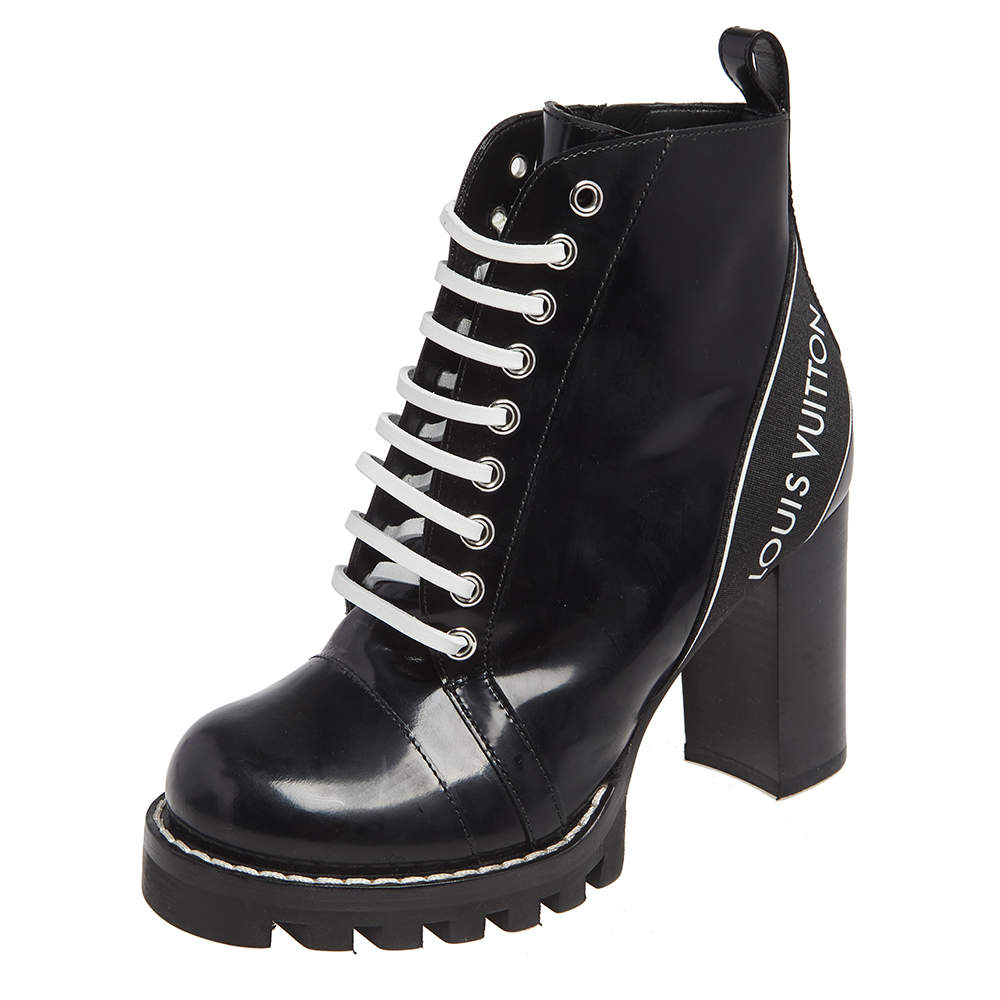 Louis Vuitton Black Patent Leather Star Trail Block Heel Boots Size 36.5