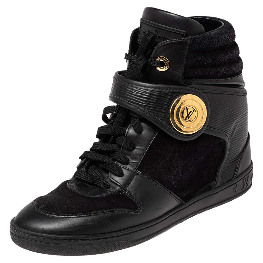 Louis Vuitton Black Epi Leather and Suede Wedge Sneakers Size 37.5