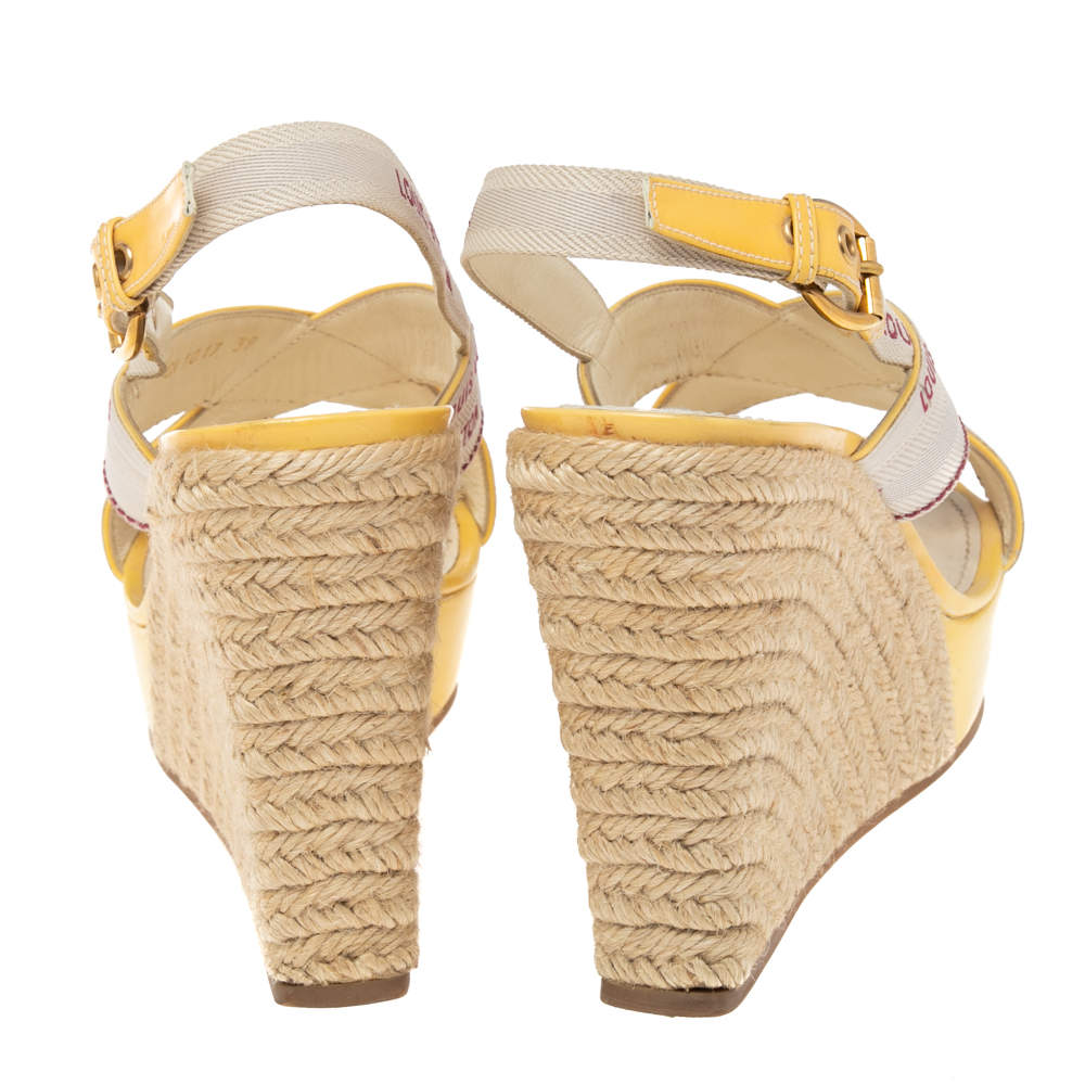 Louis Vuitton Logo Wedge Sandals Heels Espadrilles Cream w Yellow