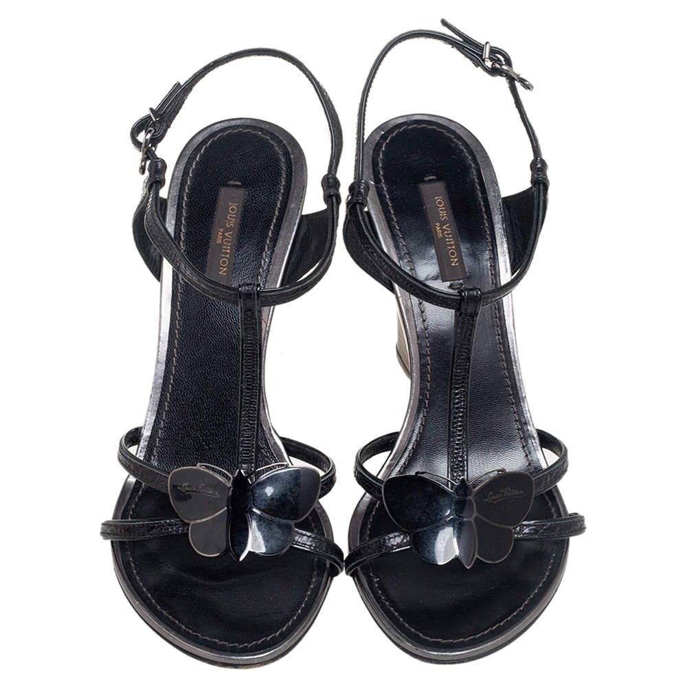 Louis Vuitton Black Croc Embossed Leather Butterfly Wedge Sandals Size 39 Louis  Vuitton