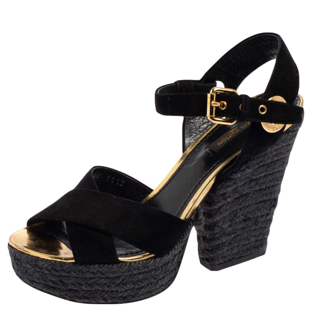 Pre Owned Louis Vuitton Black Suede Criss Cross Ankle Strap Platform Espadrille Sandals Size 37