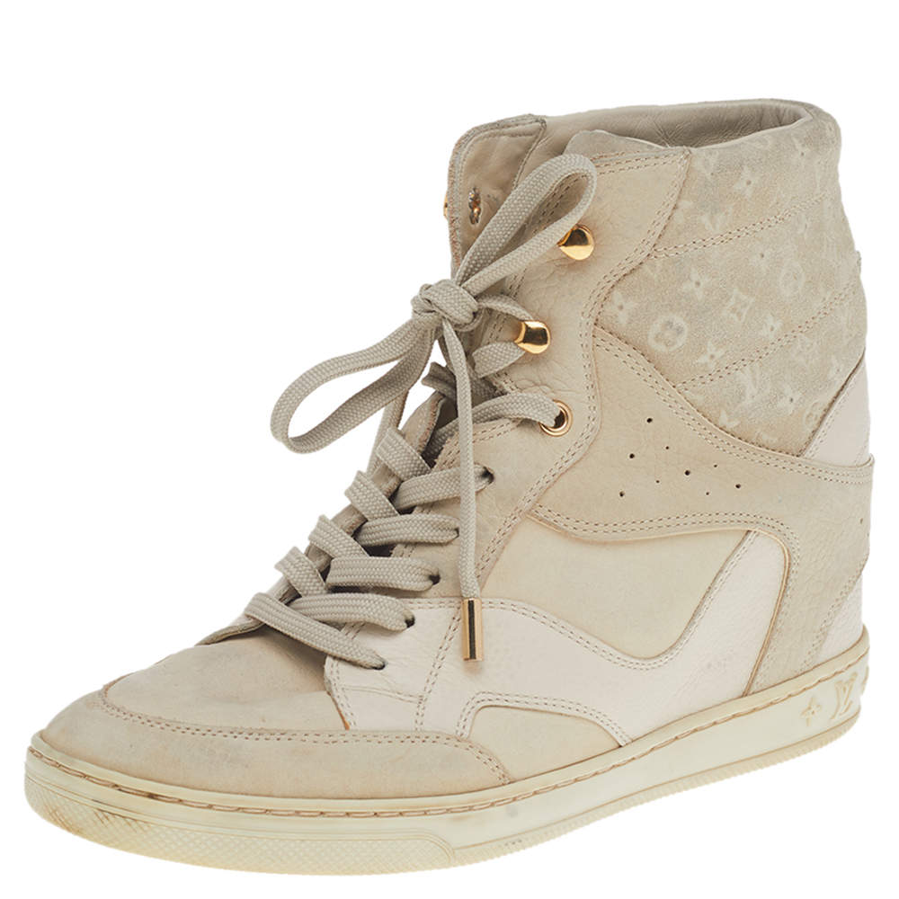 LOUIS VUITTON BEIGE CLOTH AND VELVET WEDGE SNEAKERS