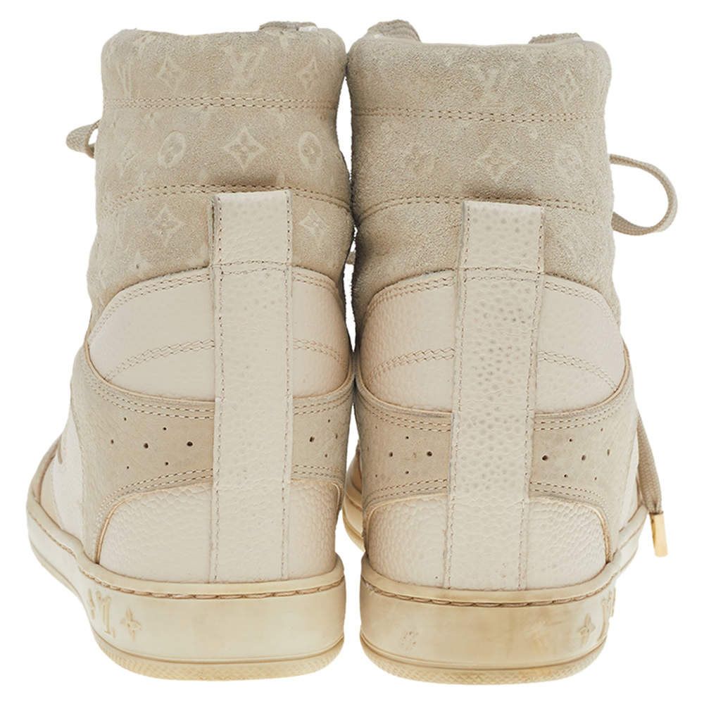 Louis Vuitton Beige Monogram Embossed Suede And Leather Cliff Wedge  Sneakers Size 38.5 - ShopStyle