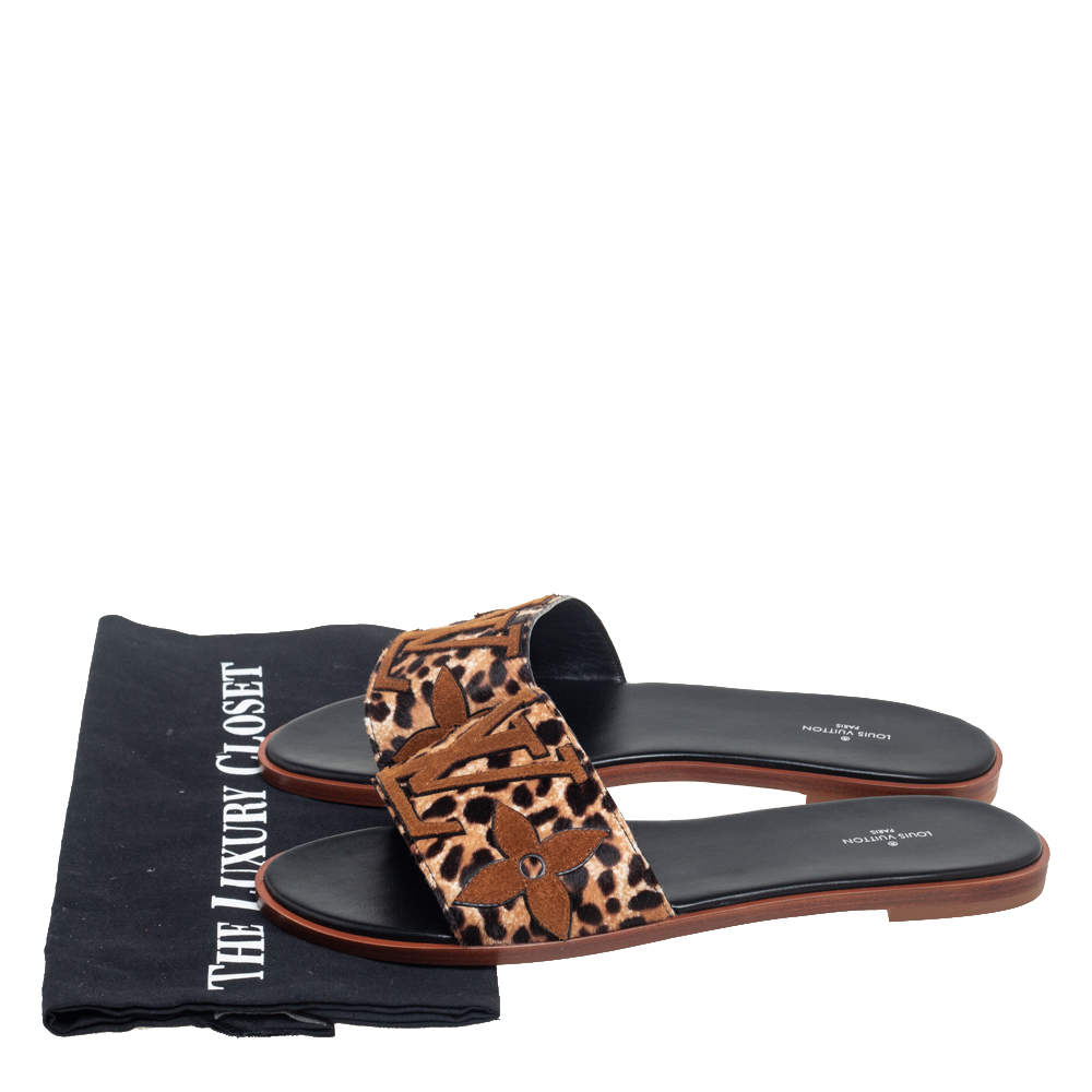 Louis Vuitton Brown Leopard Print Calf Hair And Suede Monogram Lock It Flat  Sandals Size 41 Louis Vuitton