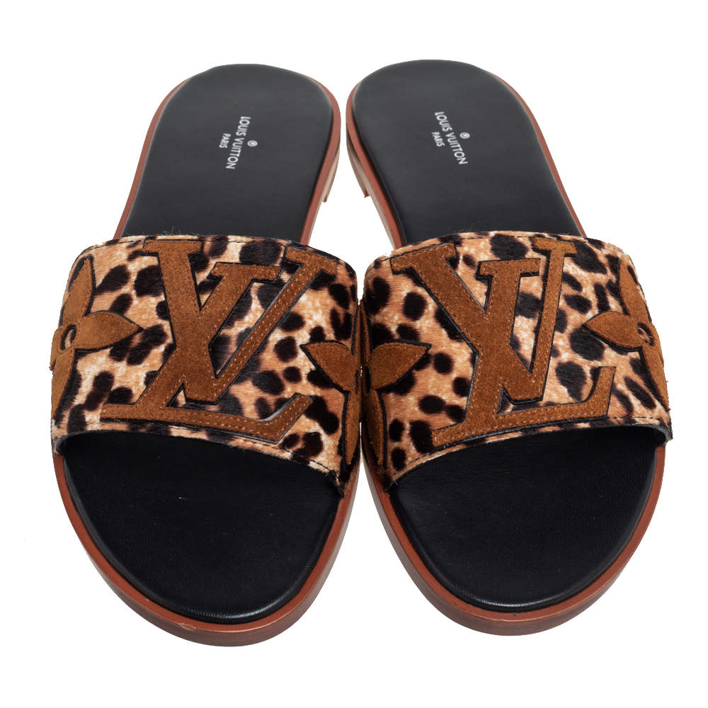 Louis Vuitton Brown Leopard Print Calf Hair And Suede Monogram Lock It Flat  Sandals Size 41 Louis Vuitton