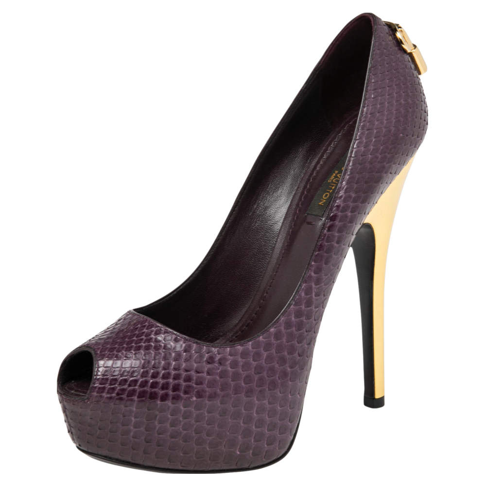 Louis Vuitton Purple Python Oh Really! Peep Toe Platform Pumps Size 36.5 
