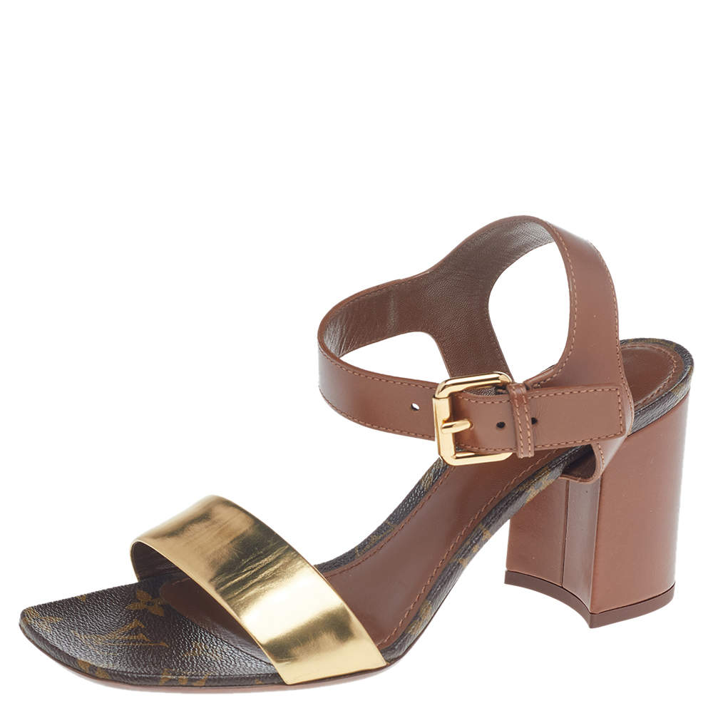 Louis Vuitton Metallic Gold/Brown Leather Block Heel Ankle Strap Sandals Size 38.5