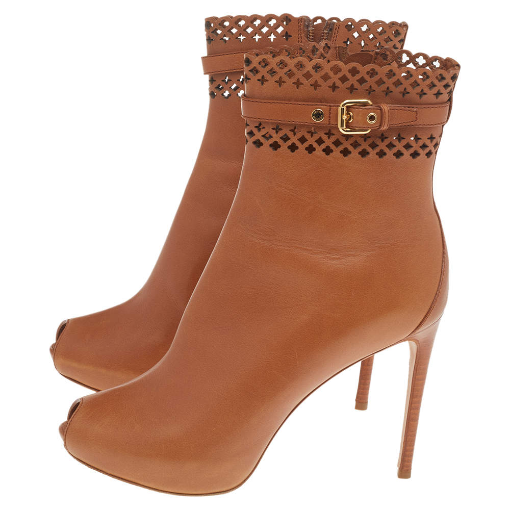 Louis Vuitton Brown Perforated Leather Mid Calf Platform Boots