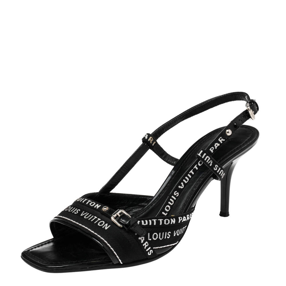 Pre Owned Louis Vuitton Black Canvas And Patent Slingback Sandals Size 38