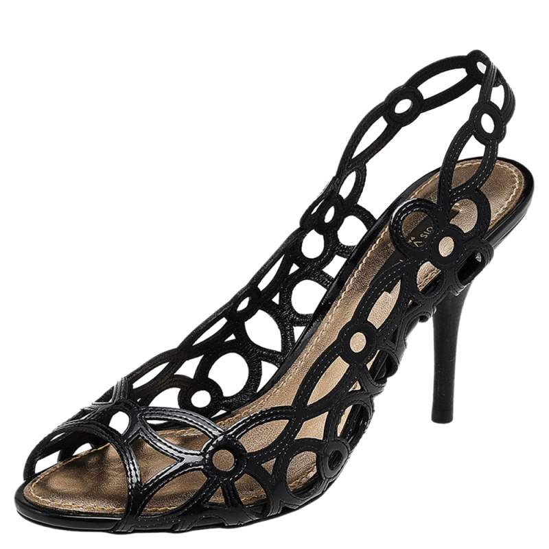 Louis Vuitton Black Patent Laser Cut Leather Peep Toe Slingback Sandals Size 37