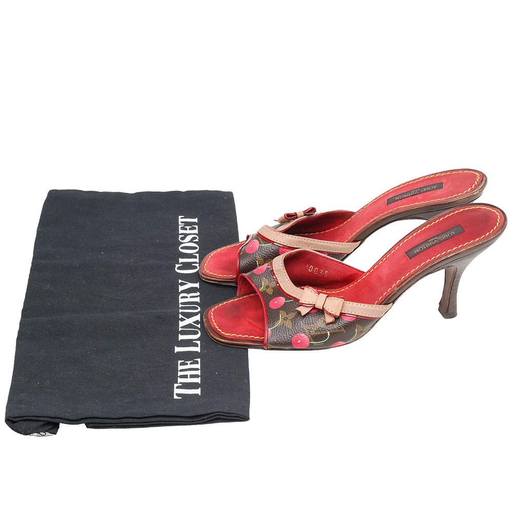 Louis Vuitton Brown/Red Monogram Cerise Canvas Bow Slide Mules Sandals Size  37 Louis Vuitton