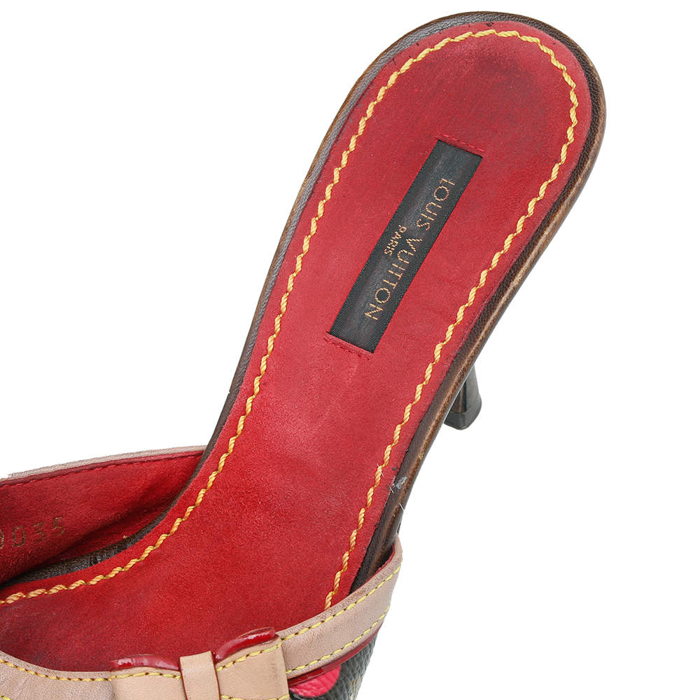 Louis Vuitton Brown/Red Monogram Cerise Canvas Bow Slide Mules Sandals Size  37 Louis Vuitton