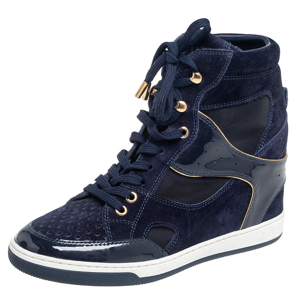 Louis Vuitton Blue Patent Leather, Suede And Mesh Cliff Top Sneakers Size 37