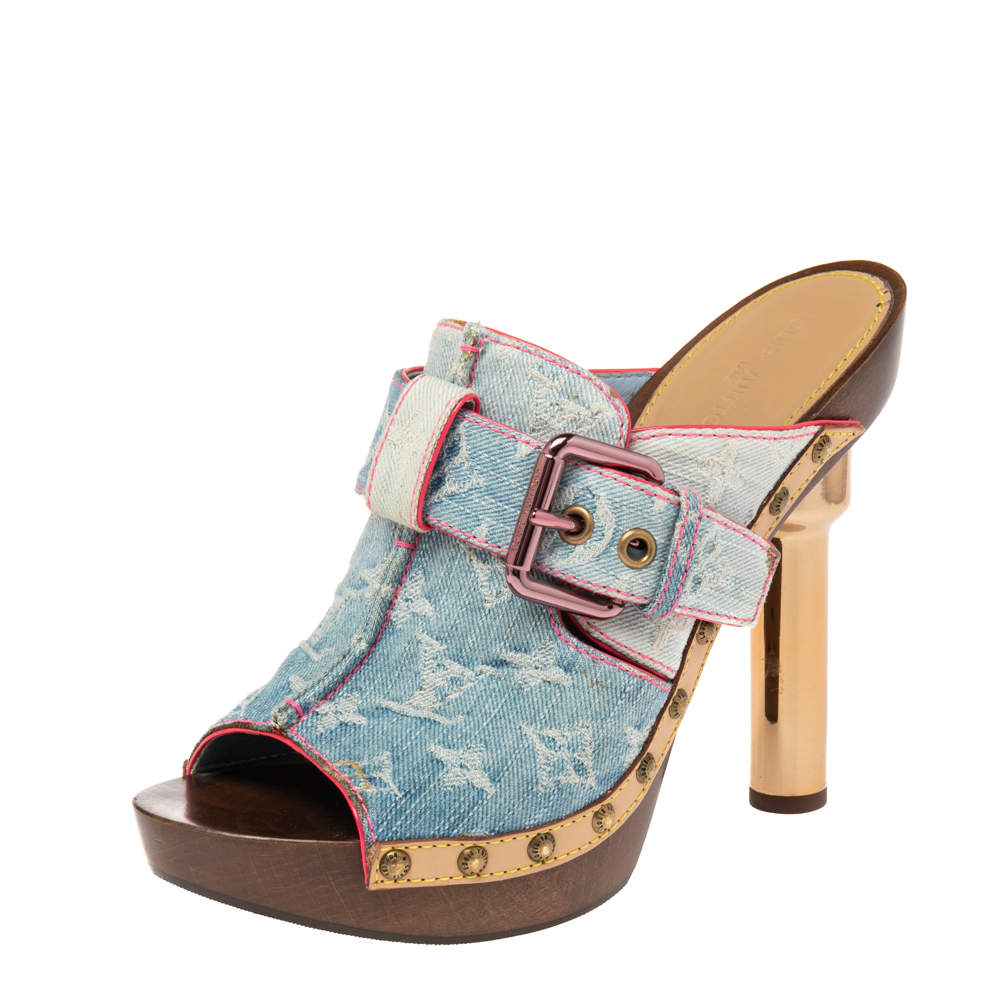Pre Owned Louis Vuitton Blue Denim Monogram Rosa Mules Size 39.5