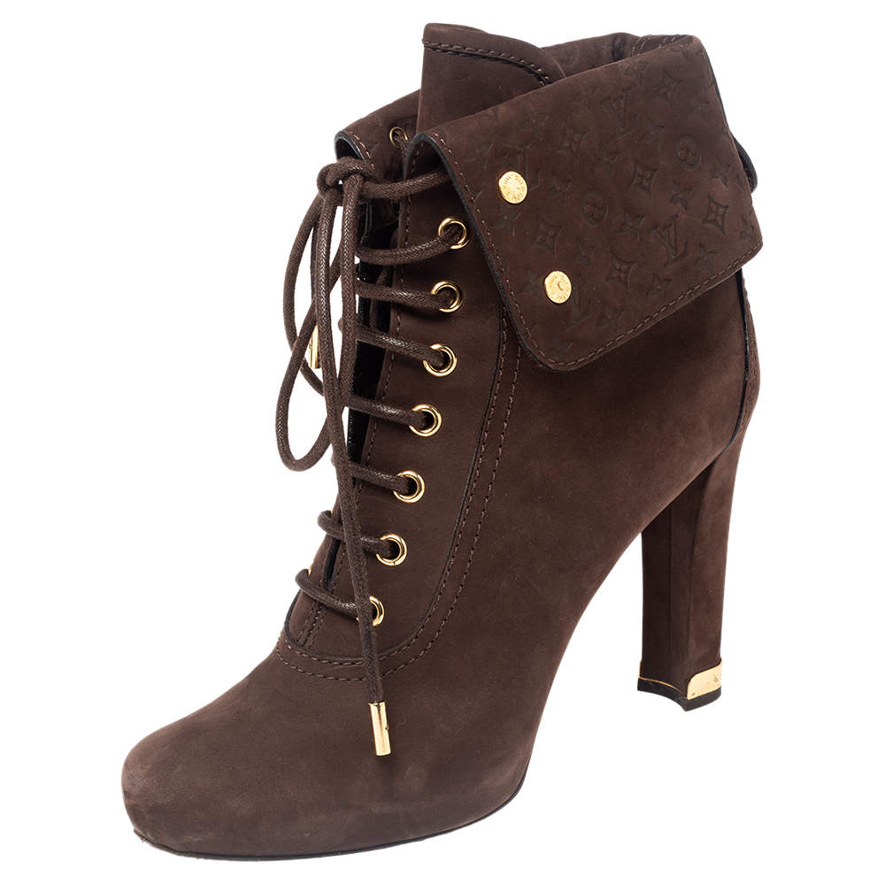 Louis Vuitton Brown Suede Empreinte Fold Over Lace Up Ankle Boots