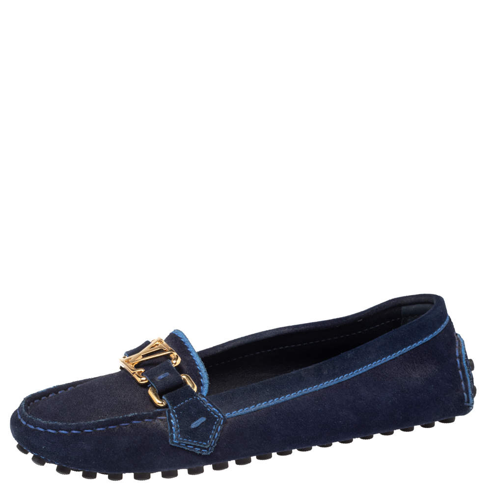 حذاء باليرينا فلات لوي فيتون مزين بشعار الماركة سويدي أزرق مقاس 37
