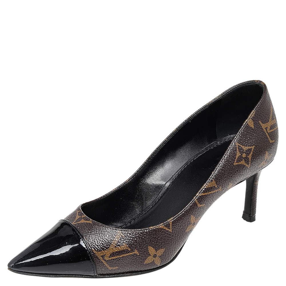 Pre Owned حذاء كعب عالي لوي فيتون فيتش جلد لامع وكانفاس مونوغرامي أسود/بني مقدمة سوداء مقدمة مدببة مقاس 35.5