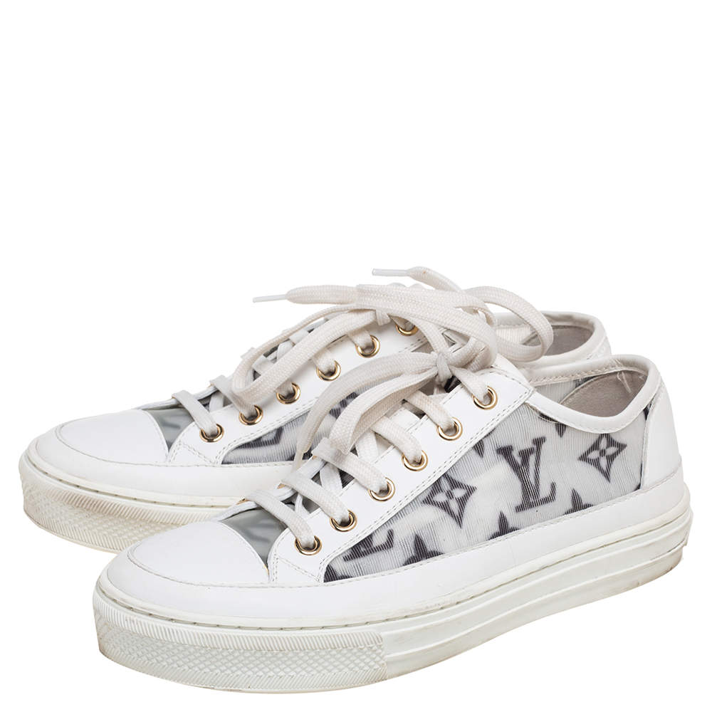 Louis Vuitton White Leather and Monogram Mesh Stellar Mules Sneakers Size 38
