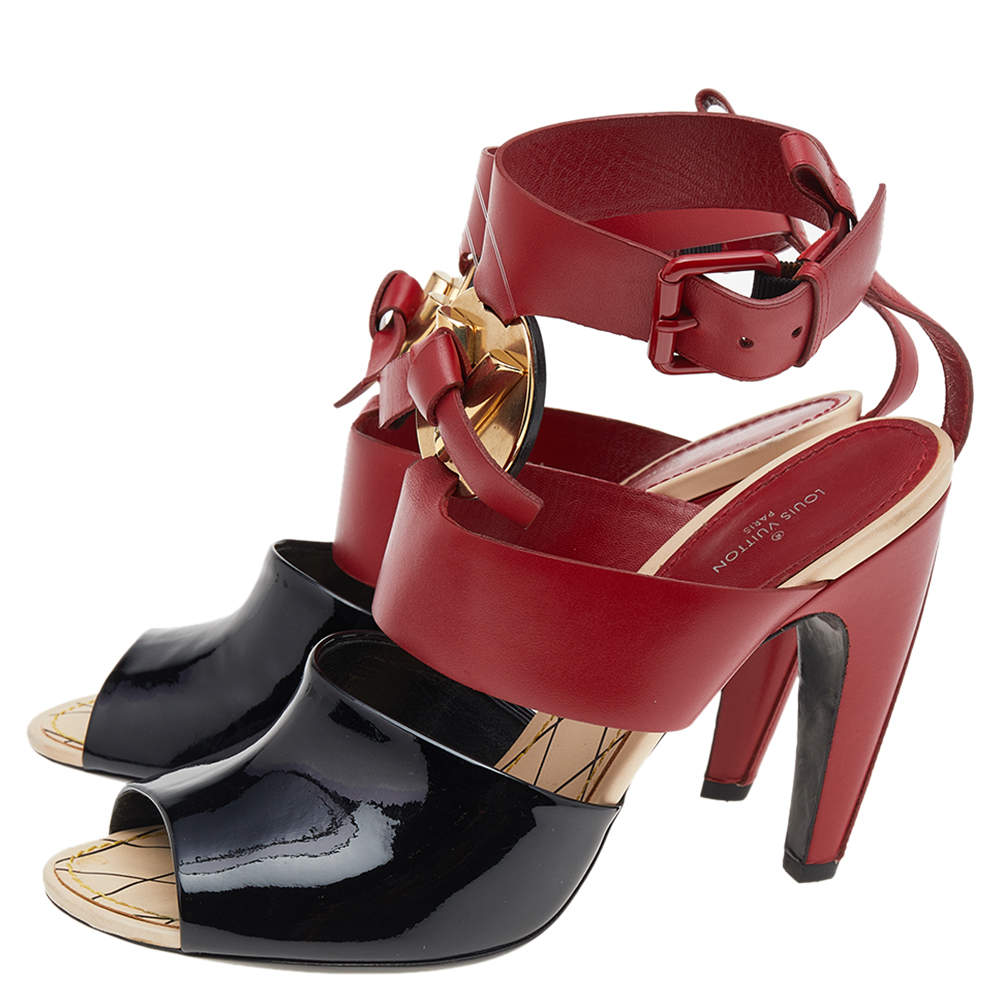 Louis Vuitton Black/Red Patent Leather Ankle Strap Sandals Size 39