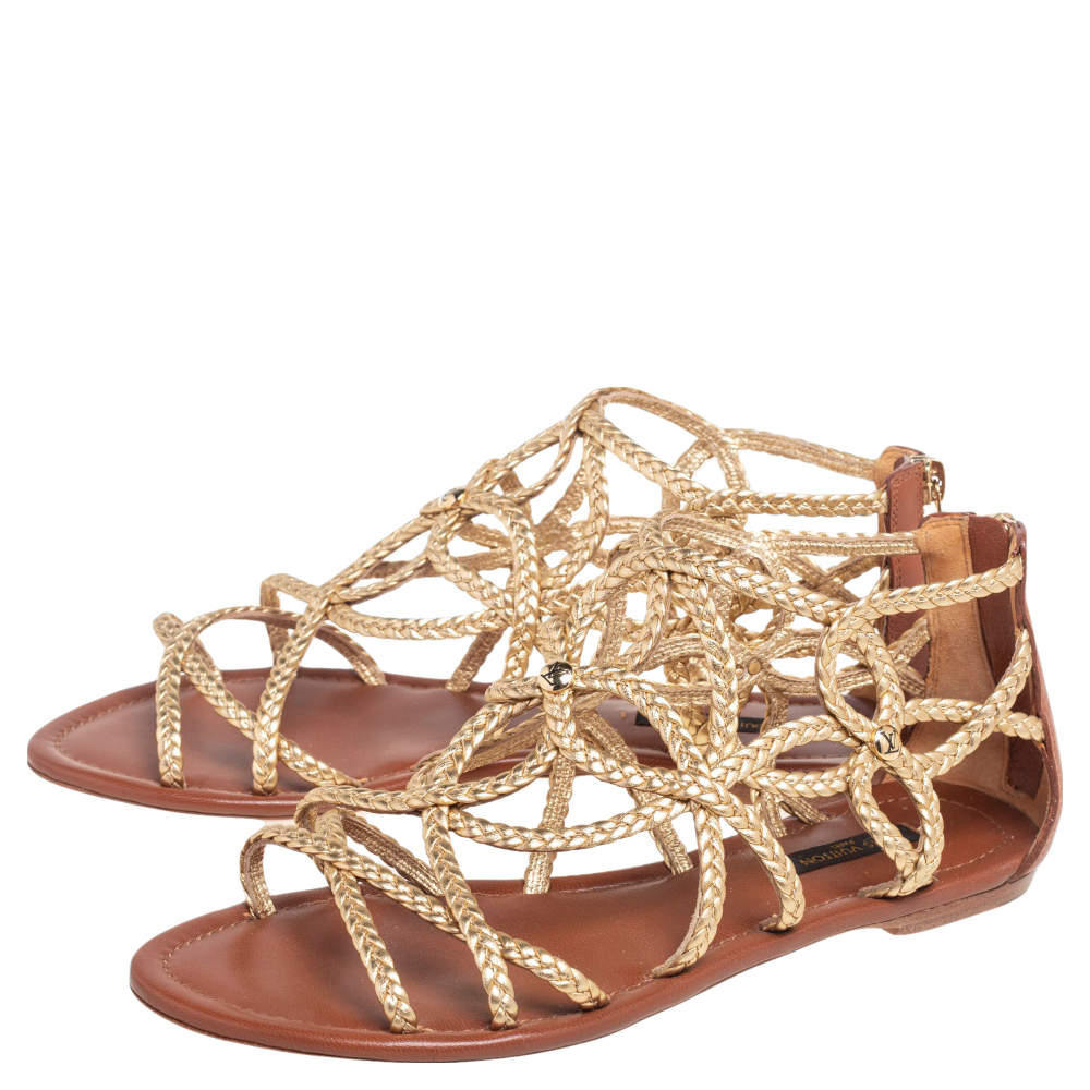Louis Vuitton Gold Braided Leather Strappy Flat Sandals Size 37