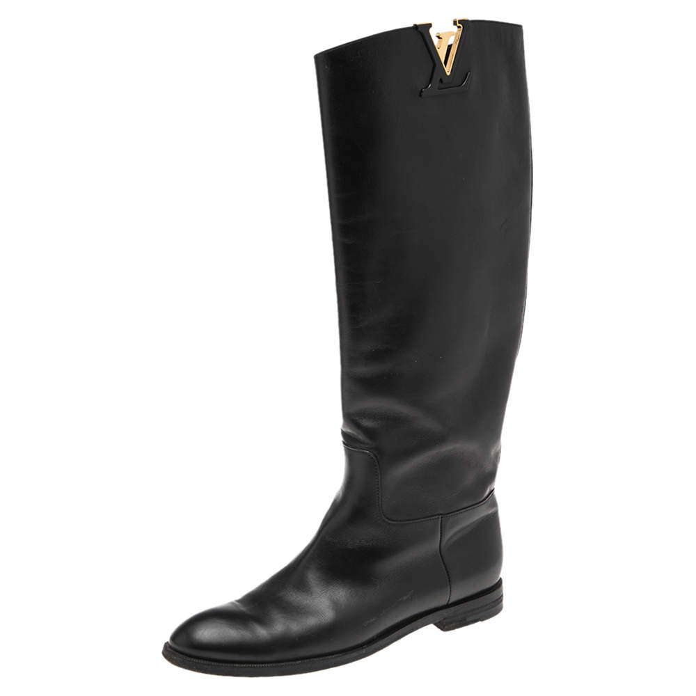 Pre Owned Louis Vuitton Black Leather Mid Calf Boots Size 36.5
