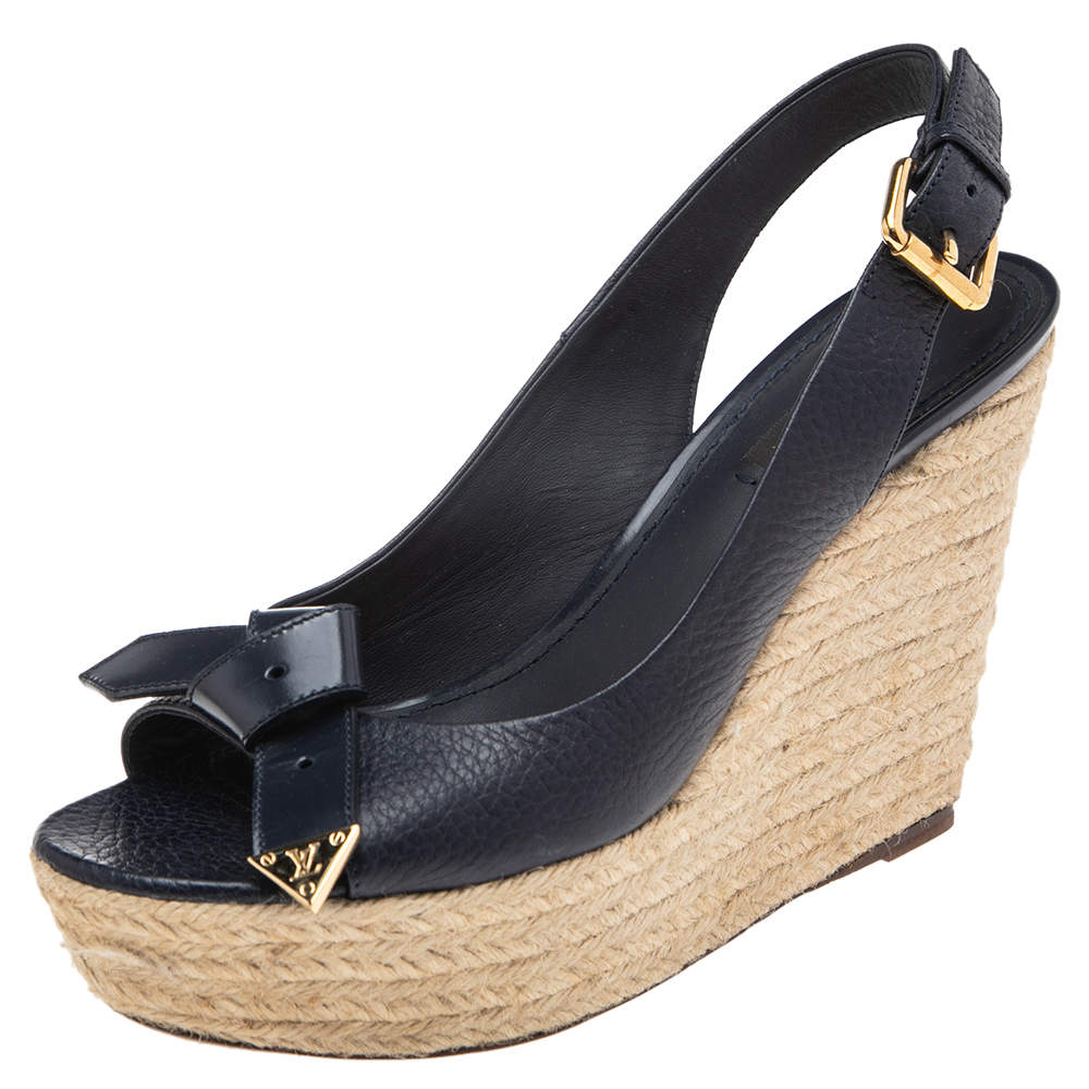 مملوكة مسبقًا Louis Vuitton Blue Leather Espadrille Wedge Slingback Sandals Size 38.5