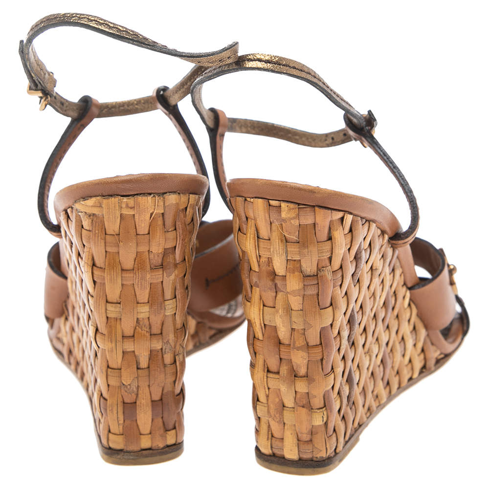 $900 Louis Vuitton Bouton D'or Basket Weave Espadrille Tan Strap Wedges SZ  36.5 6.5 - Lust4Labels