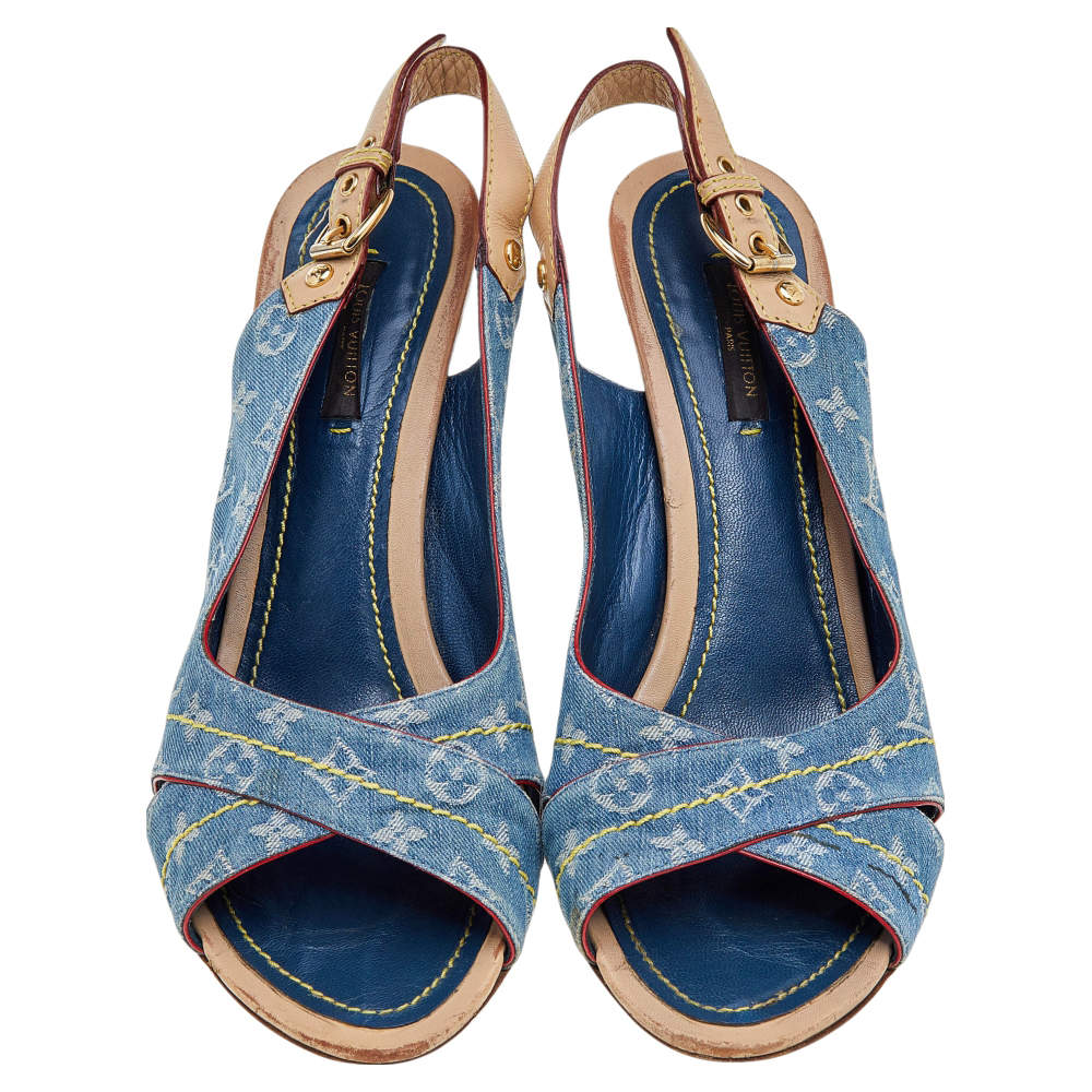 Louis Vuitton Blue Monogram Denim Sandals - Size 38.5 ○ Labellov