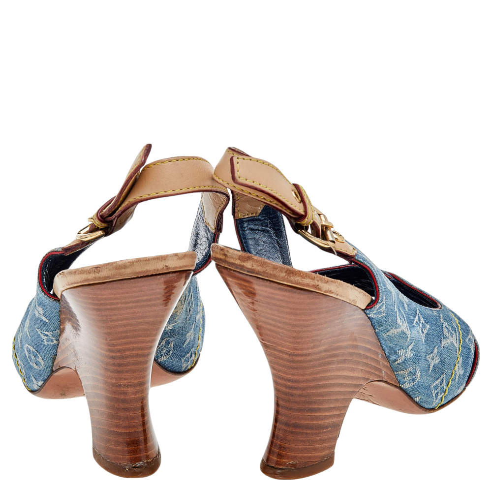 Louis Vuitton Blue Monogram Denim Sandals - Size 38.5 ○ Labellov