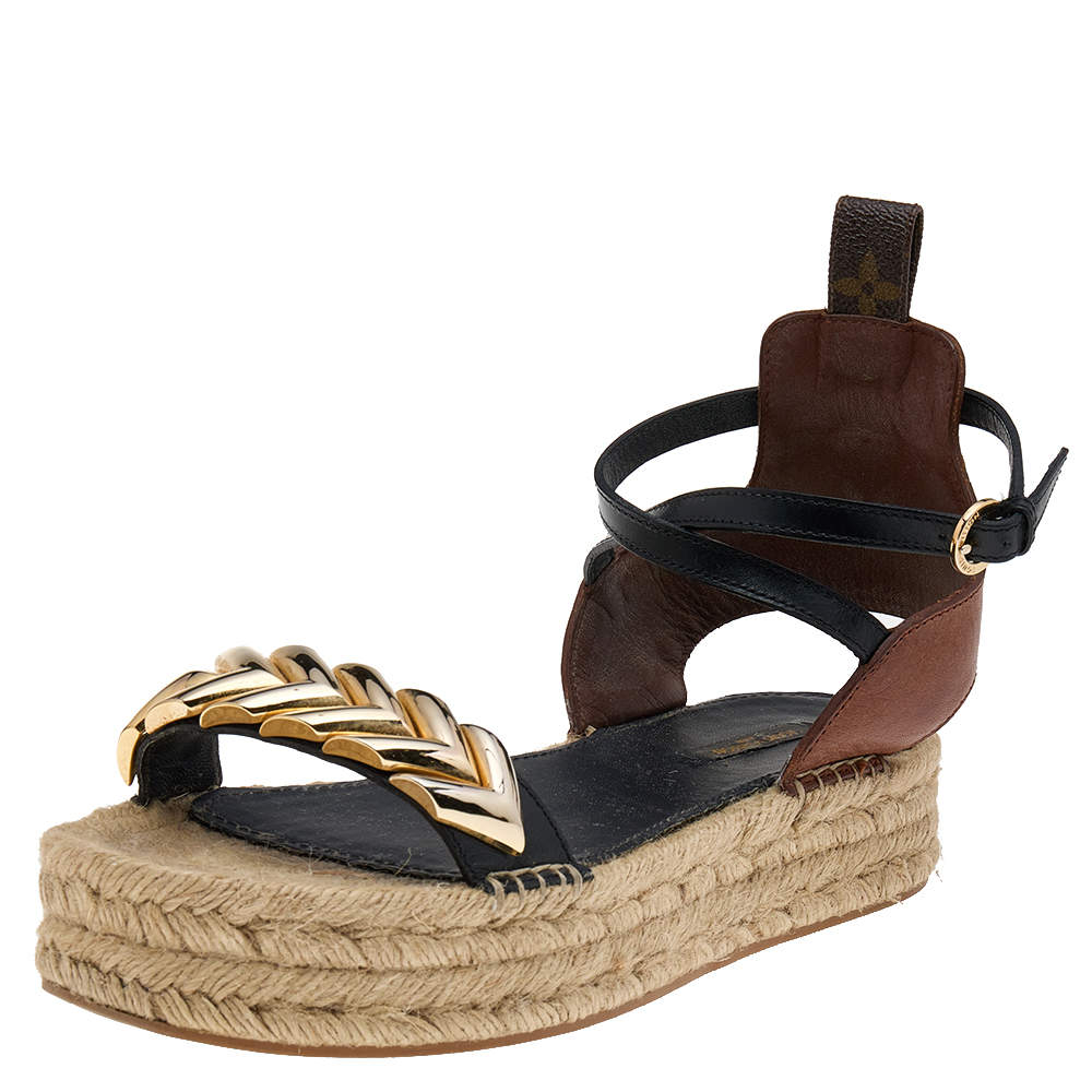 مملوكة مسبقًا Louis Vuitton Brown/Black Leather Spring Hill Espadrille Ankle Strap Sandals Size 39.5