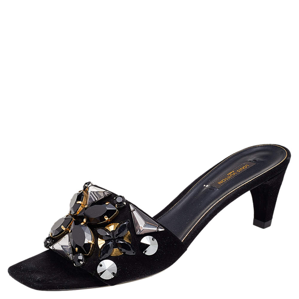 مملوكة مسبقًا Louis Vuitton Black Suede Crystal Embellished Slide Sandals Size 39
