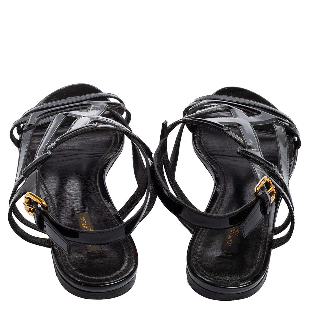 Louis Vuitton Black Patent Leather Crossing Flat Sandals Size 41