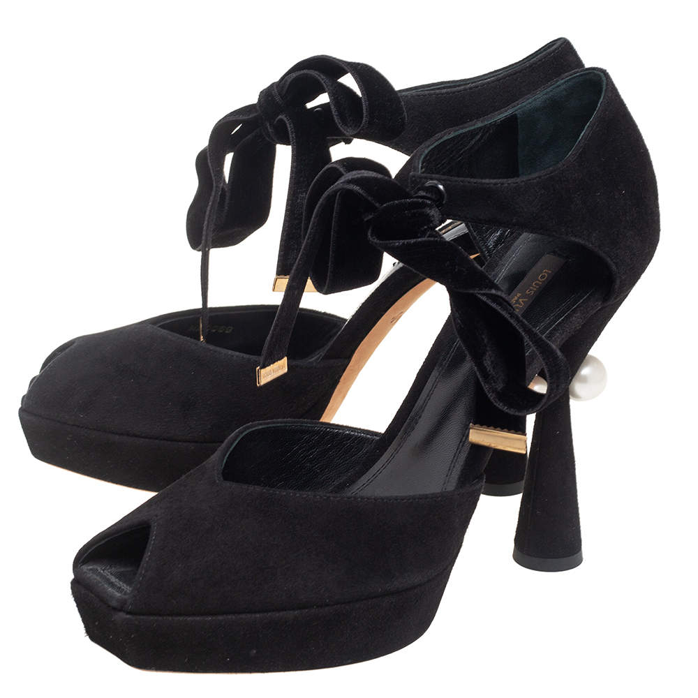 Louis Vuitton - Editorial, Black Suede Ankle Wrap Pumps with Pearl