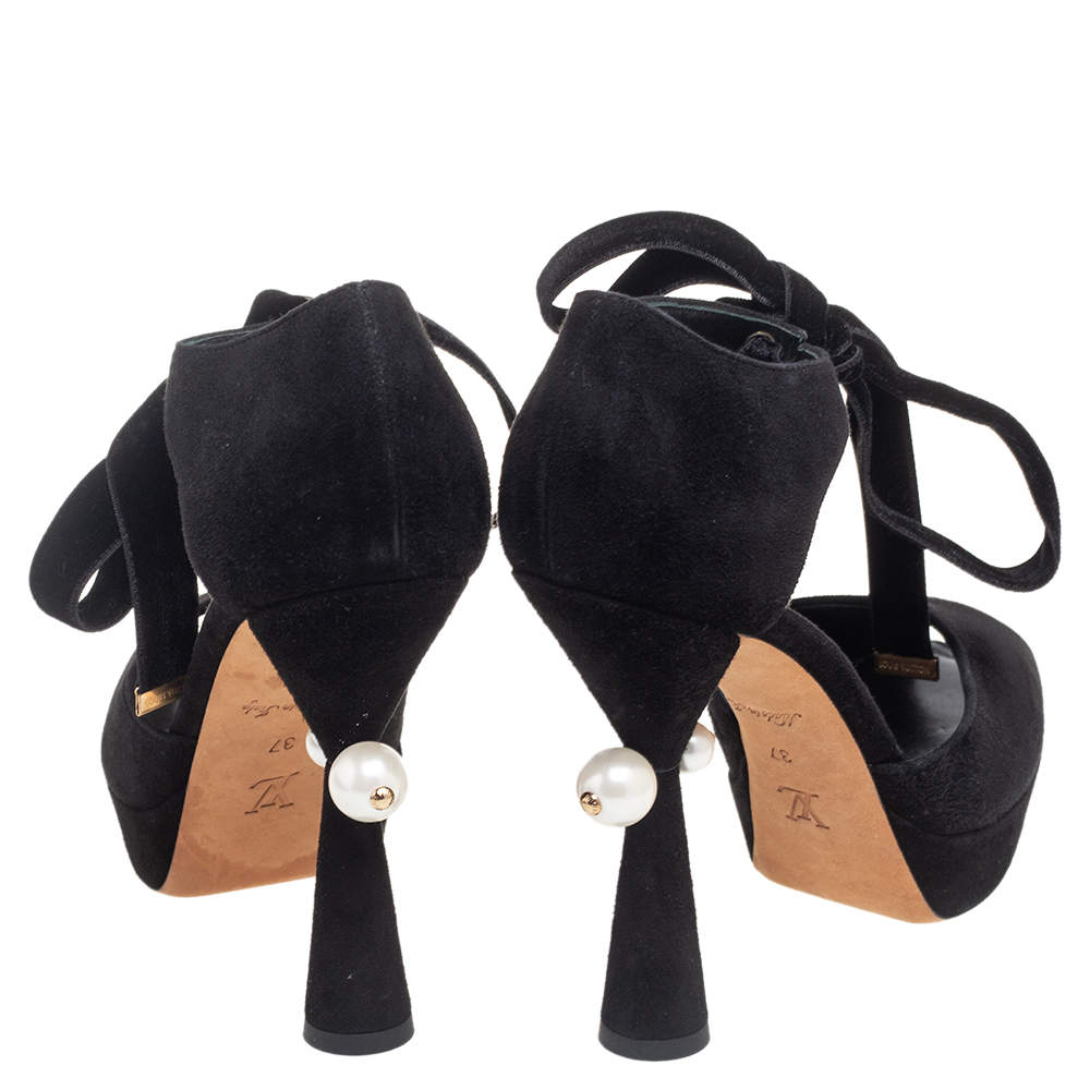 Louis Vuitton Black Suede Pearl Embellished Heel Peep-toe Pumps Size 37 Louis  Vuitton
