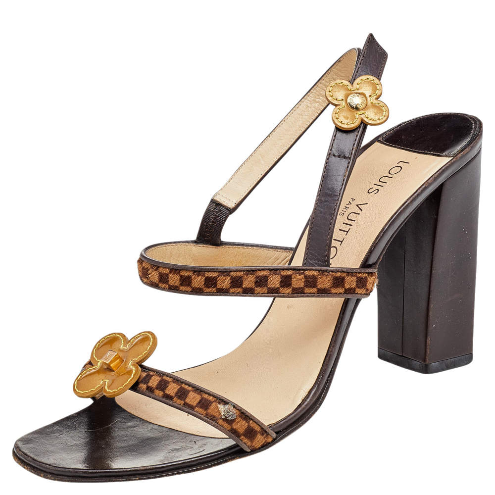 Pre Owned صندل لوي فيتون جلد وشعر عجل دامييه بني مزخرف مورد مقاس 39