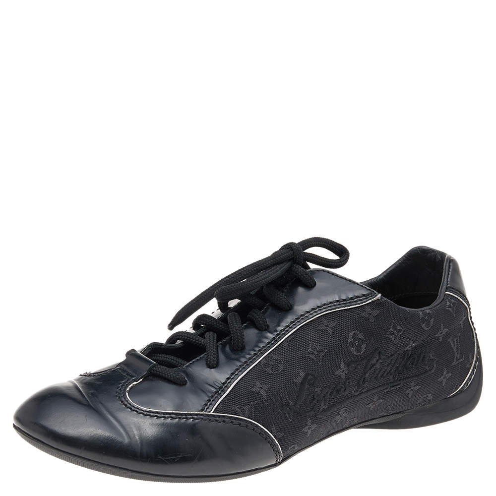 Louis Vuitton Black Leather and Monogram Canvas Low Top Sneakers Size 38