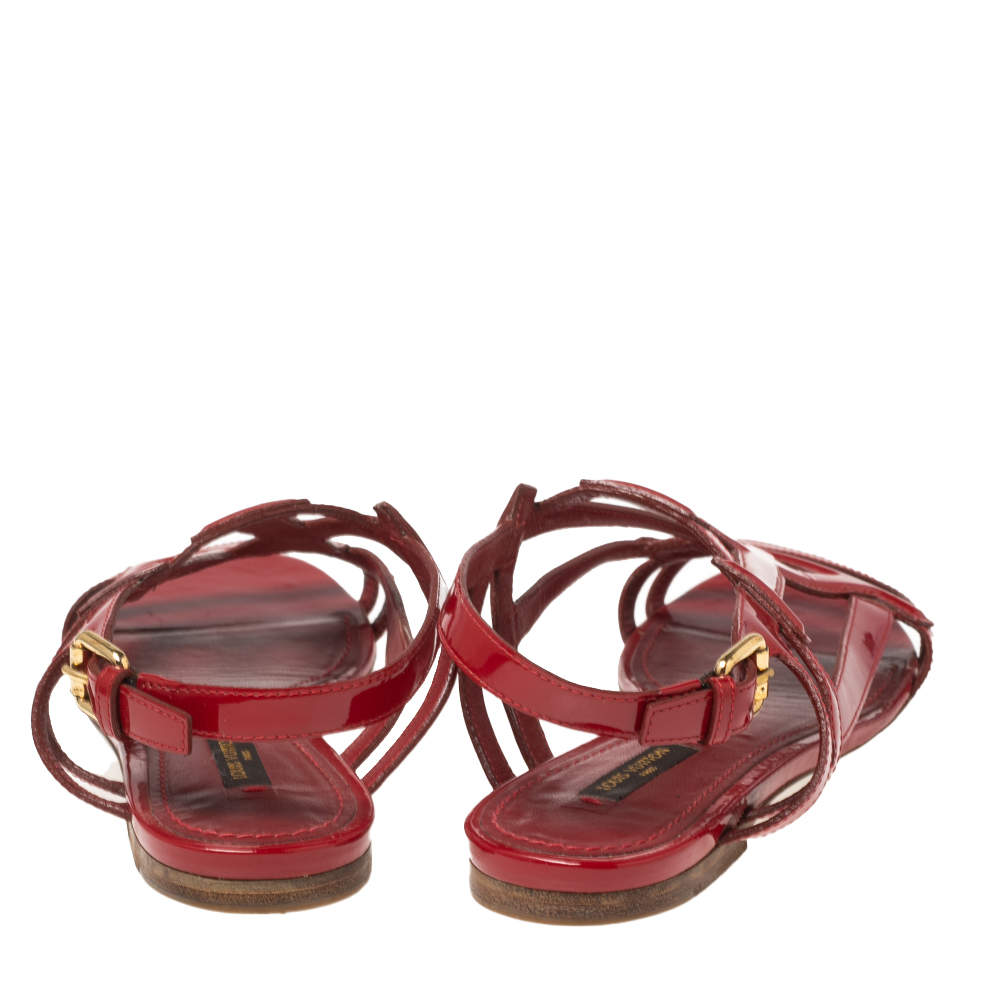 Louis Vuitton Red Patent Leather Crossing Logo Flat Sandals Size