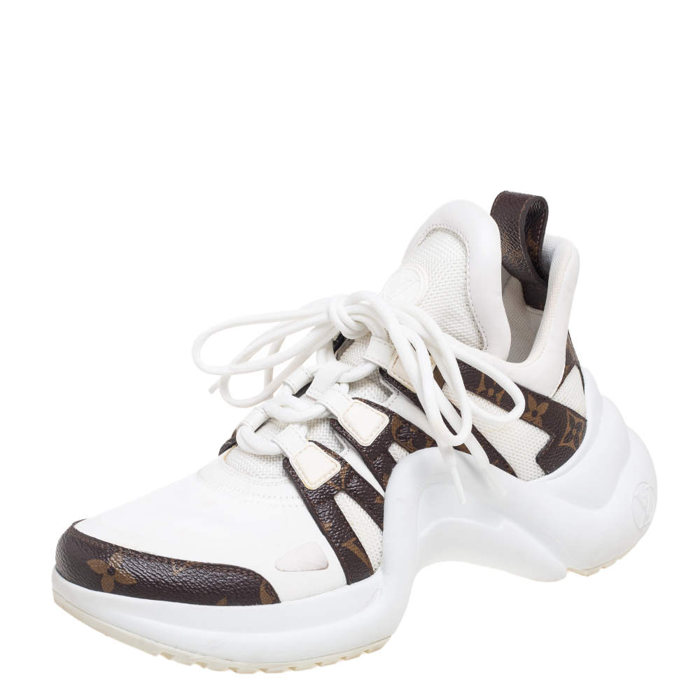 مملوكة مسبقًا Louis Vuitton White/Brown Mesh, Neoprene, Leather and Monogram Canvas Archlight Low-Top Sneakers Size 37.5